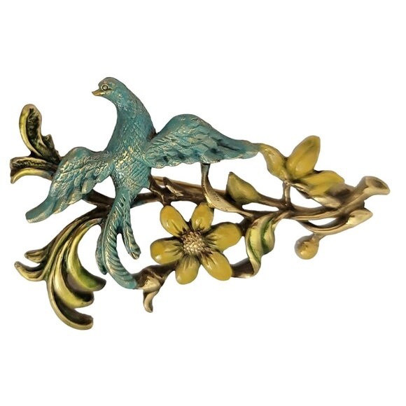 79454b.jpg CWF Gold Tone Enamel Blue Bird Yellow Flower Brooch Pin, Signed M222